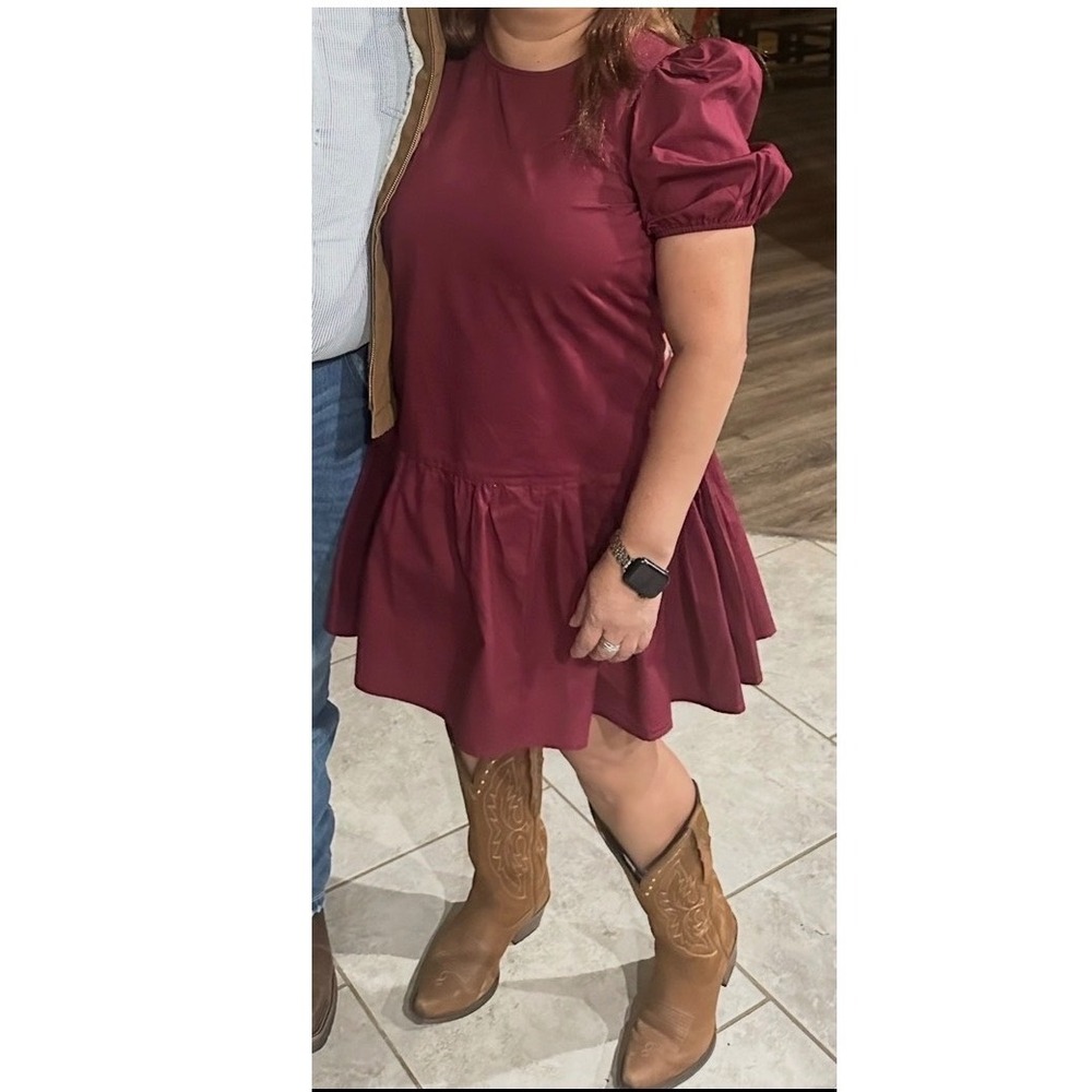TCEC Burgundy Puff Sleeve Ruffle Mini Dress Womens Size Medium Babydoll Wine